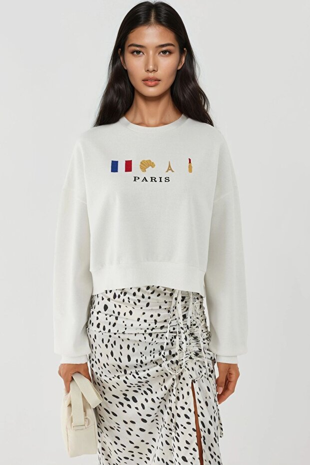 İşlemeli Yuvarlak Yaka Sweatshirt - 6