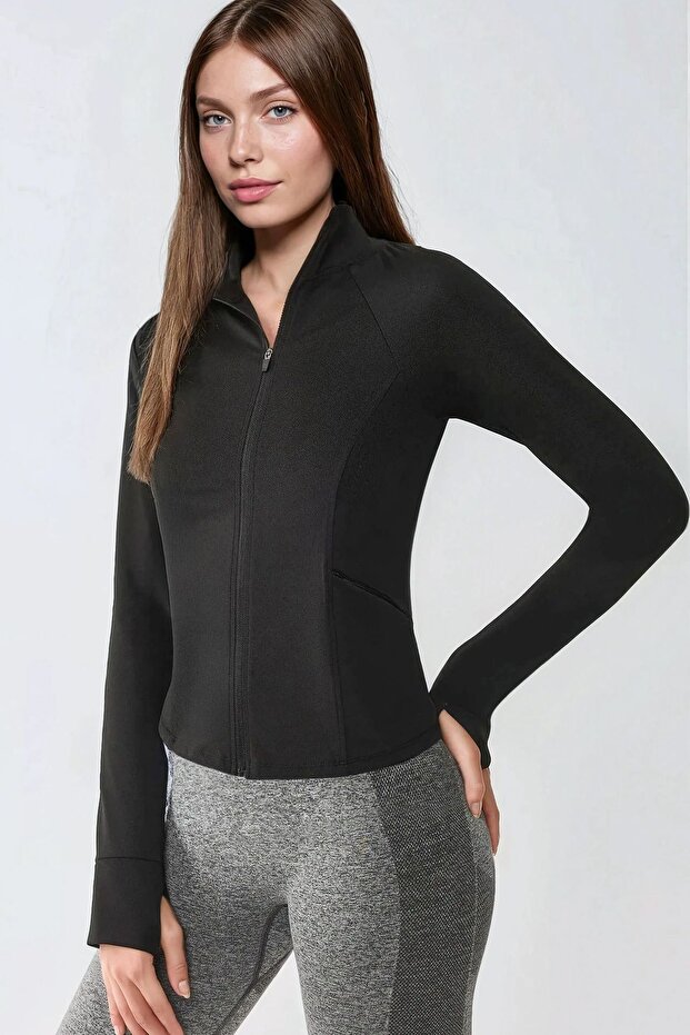 Dar Kesim Örme Dik Yaka Fermuarlı Aktif Üst - 4