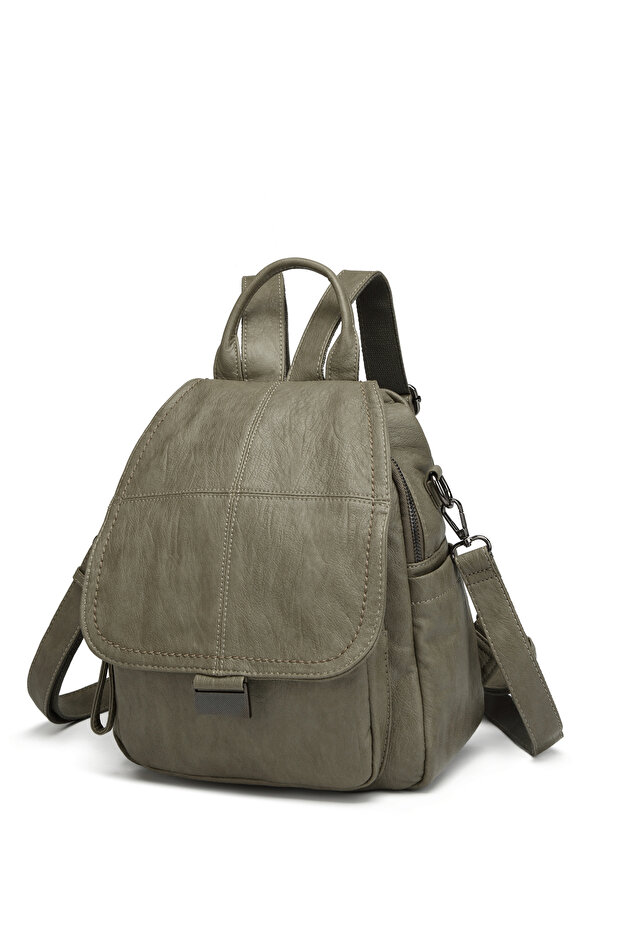 Iverelle Green Washed Leather Cover Detailed Multi-Compartment Stylish Backpack Shoulder Crossbody Bag