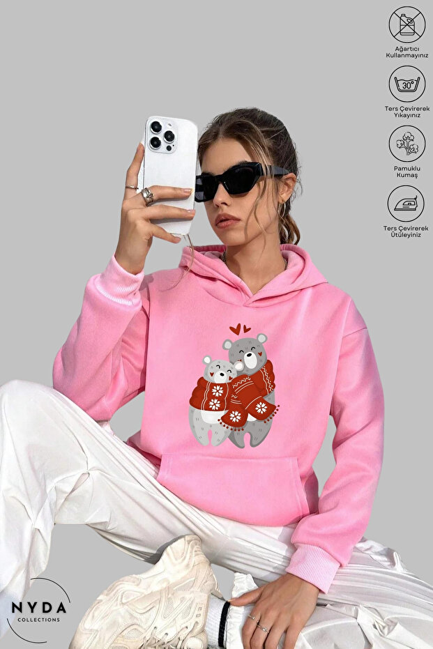 Unisex Hoodie Long Sleeve Teddy Bear Printed Hooded Oversized 100% Cotton Combed Cotton Sweatshirt