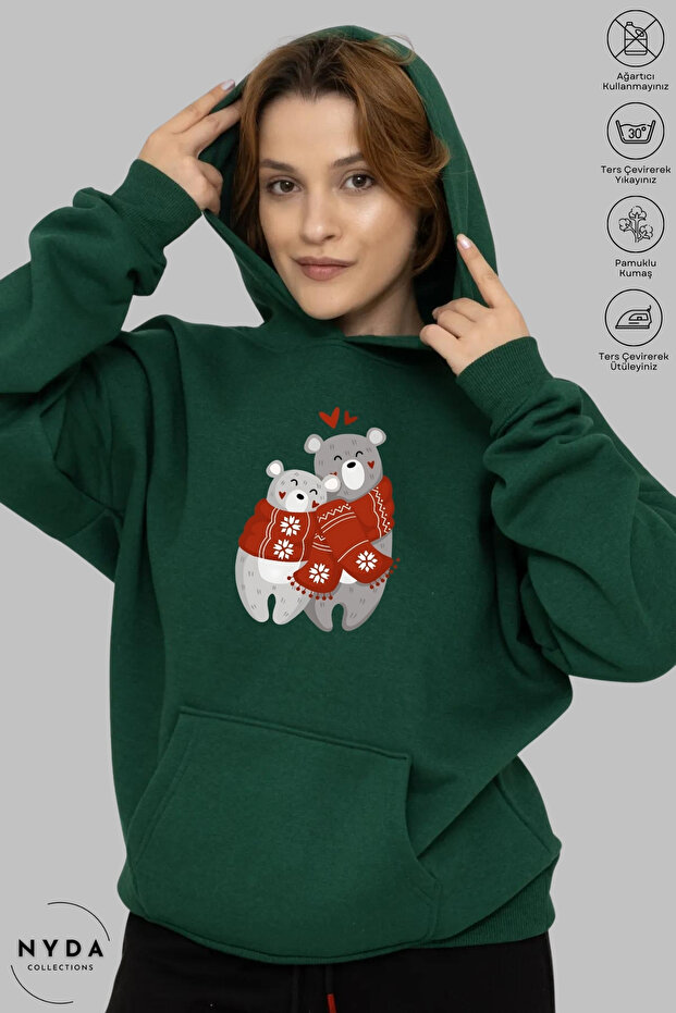 Unisex Hoodie Long Sleeve Teddy Bear Printed Hooded Oversized 100% Cotton Combed Cotton Sweatshirt
