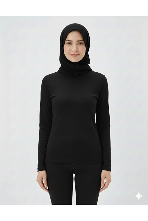 Black Crew Neck Slim Fit Cotton Basic Long Sleeve Blouse Oversized Hijab Blouse Hzlrbndüz60Tbluz