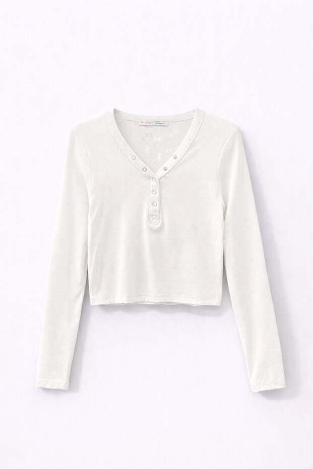 2049 Kadın Çıtçıtlı Basic Bluz Beyaz - 1