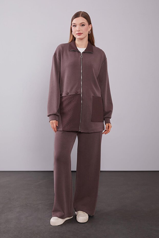 Brown Self-Patterned Collared Double Suit - 2