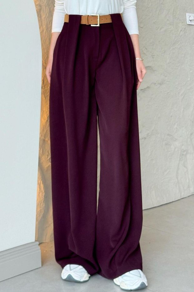 Glam Belt Detailed Palazzo Trousers Plum