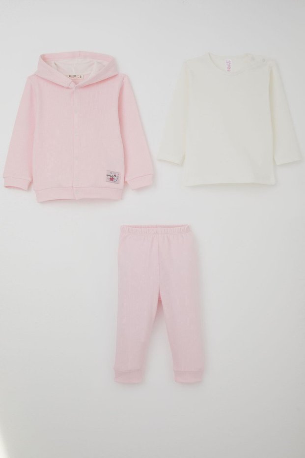 Baby Girl Bodysuit 3-Piece Set with Cute Little Rabbit Emblem and Snap Fasteners, 4 Months-1 Year, Pink
