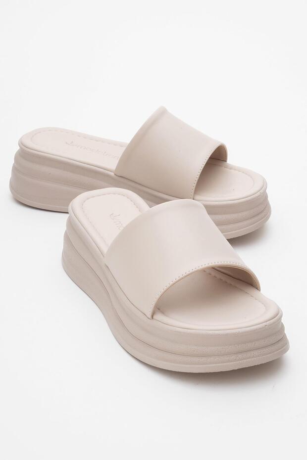 Women's Wide Band Slippers Beige