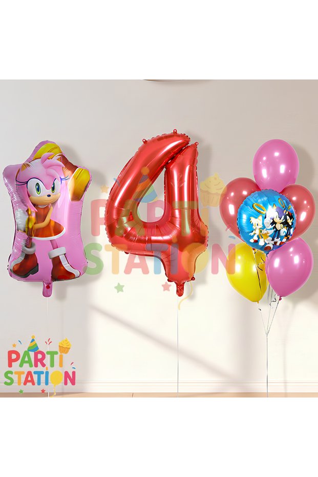 Sonic and Amy Themed 4Th Birthday Balloon Set 8 Pieces