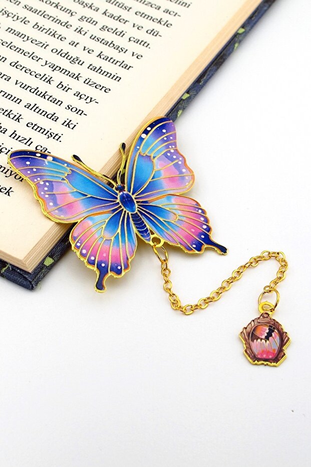Pink Blue Colors Butterfly Gold Color Metal Bookmark with Chain Ay103