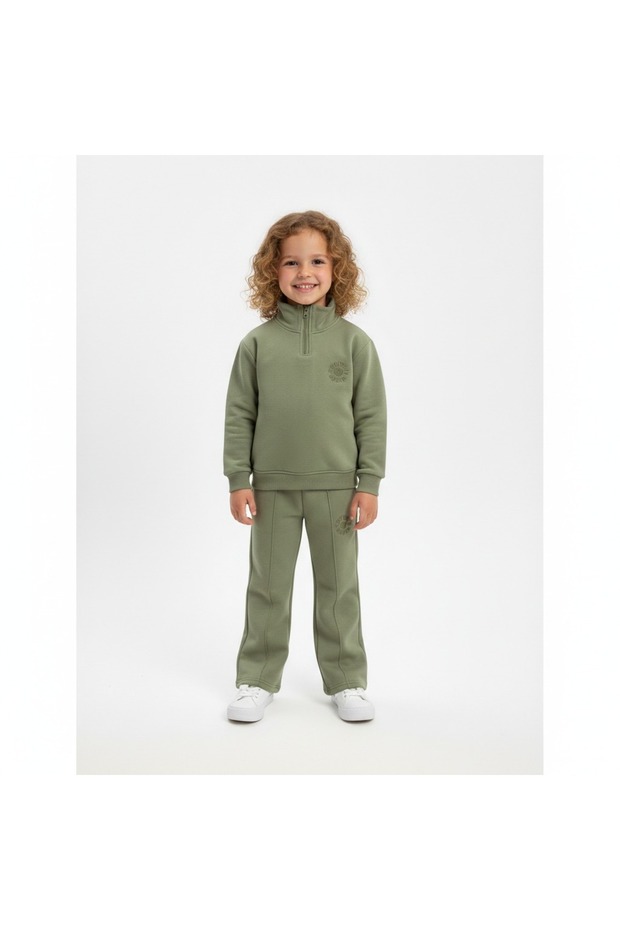 Premium Girls' Khaki Soft Cotton Tracksuit Set with Zipper Pockets, Ages 3-8