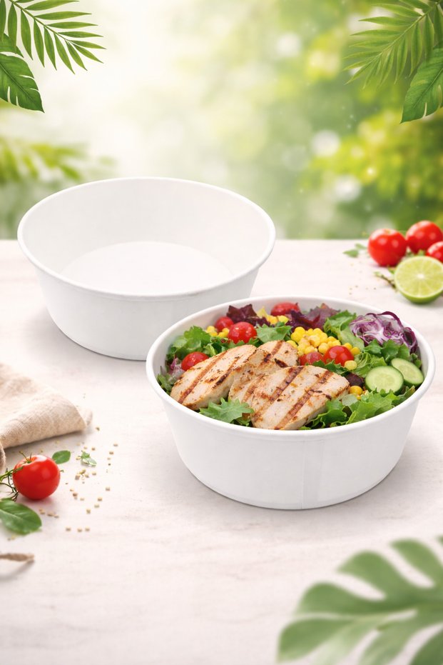 White Paper Salad Bowl with PET Lid | 500 ml - 300 Pieces | Food-Grade, Biodegradable & Eco-Friendly