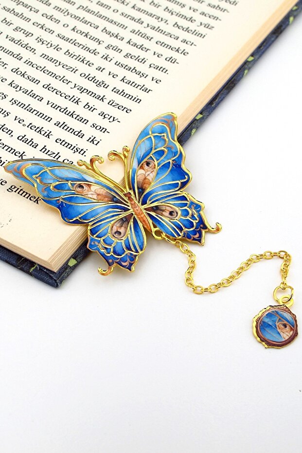 Blue Navy Colors Butterfly Gold Color Metal Bookmark with Chain Ay102
