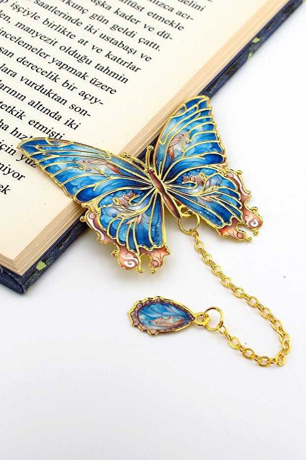 Blue Turquoise Colors Butterfly Gold Color Metal Bookmark with Chain Ay098