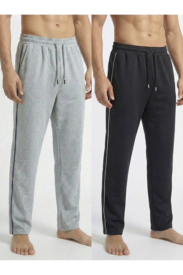 Men's 2-Piece Baggy Side-Piped Oversize Relaxed 4-Season Sweatpants with Wide Legs, 2 Yarns, Full Fit