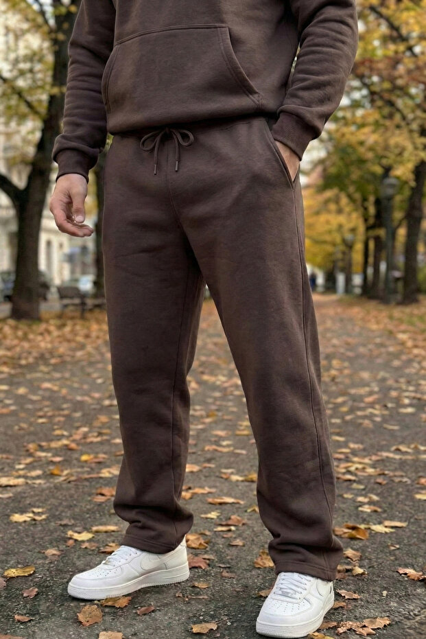 بنطلون رياضي رجالي بني قصة مريحة 3 Threaded Sweatpants