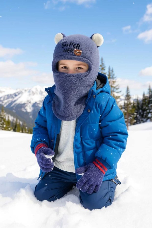 Plush Children's Cute Teddy Bear Snow Mask Super Hero 3-9 Years Old Children's Beanie Blue