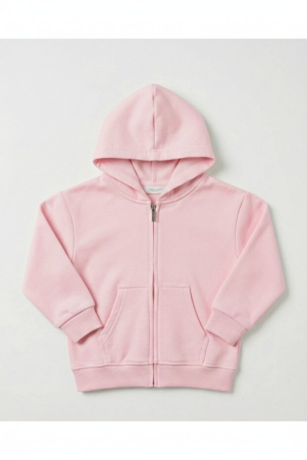 Unisex Kids Dusty Pink Zippered Hooded Sweatshirt Comfortable Basic Cardigan for School-Daily Wear 3-10 Years Old