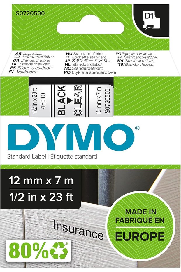 DYS0720500 D1 Label Tape Machine, 12 mm x 7 Meter Size, Black/Clear