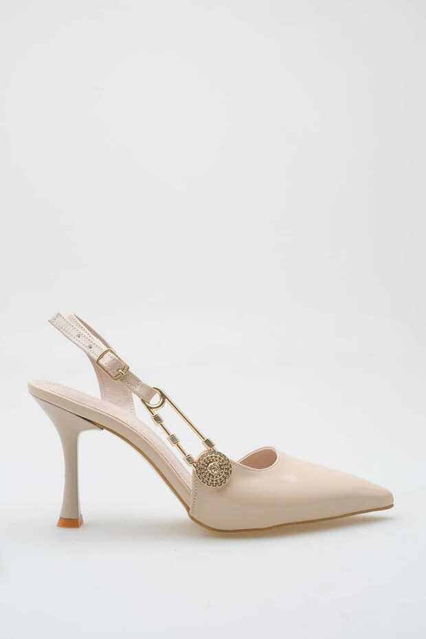 Else Beige Patent Leather Gold Buttoned Buckle Summer Stiletto Heels 8.5 cm