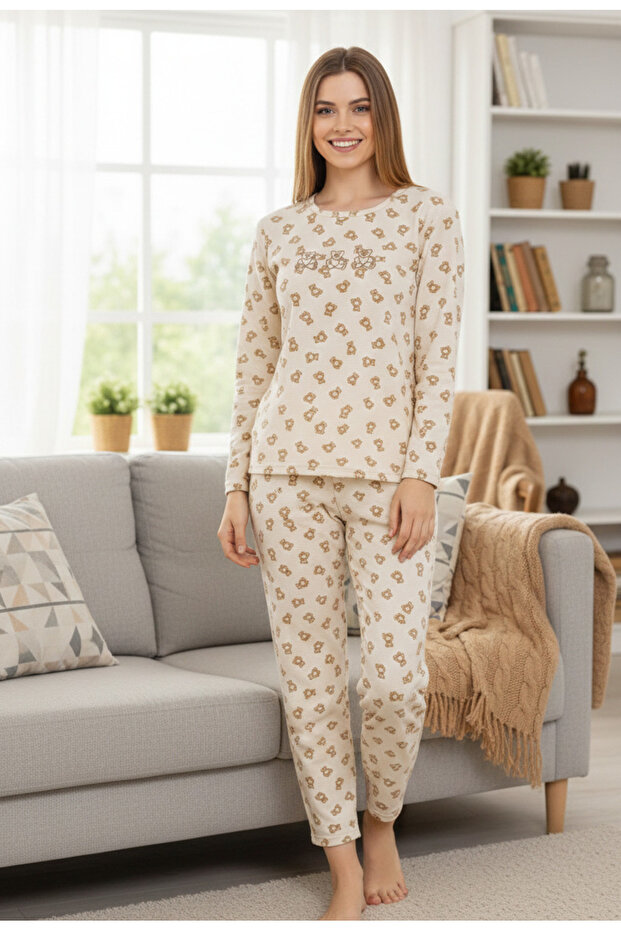 Women's Teddy Bear Printed Waffle Fabric 100% Cotton Pajama Set