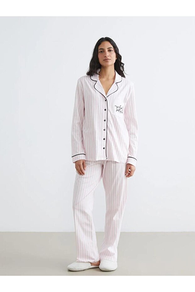 Ecru Shirt Collar Embroidered Women's Pajama Set (S6)