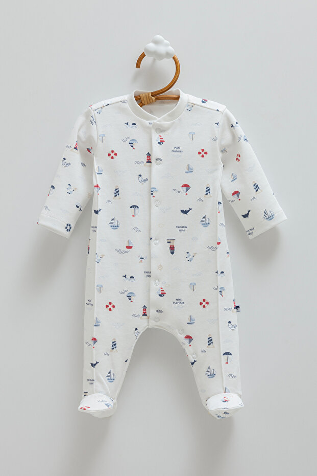 100% Cotton Baby Romper - Sailor Themed with Self-Attaching Booties and Snap Fasteners 0-6 Months