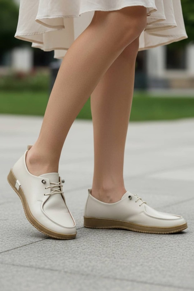 Cream Women's Rubber Detailed Lightweight Soft Loafers Ballet Flats 2006
