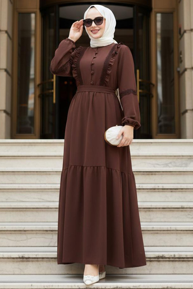 Brown Modest Dress with Ruffle Detail 10318KH