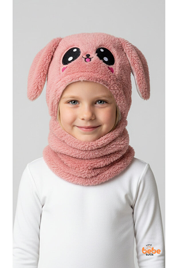Girl's Earflap Beanie Neck Warmer Set – Cute Rabbit Pattern Fleece Winter Hat & Scarf, Ages 3-12