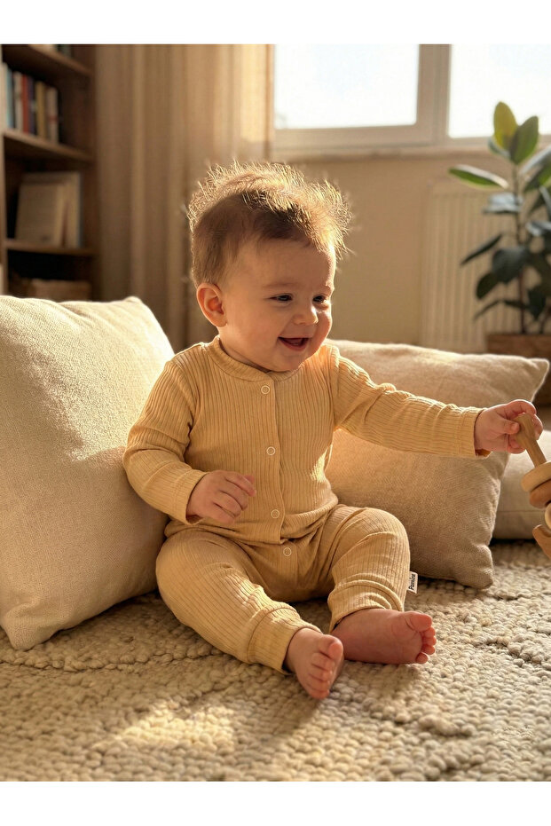 Unisex Baby Beige Corded Cotton Long Sleeve Jumpsuit with Front Snap Fasteners