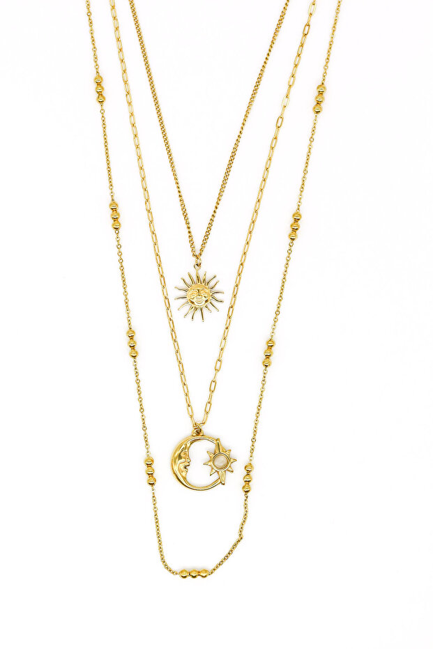 Steel Triple Combination Chain Necklace, Moon Star Sun Figured