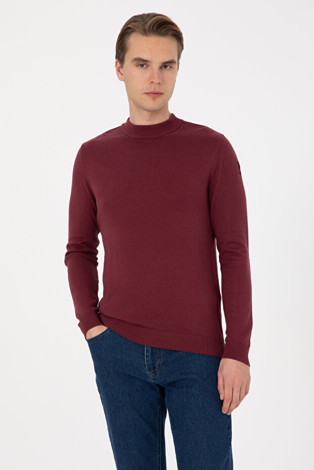 Men's Slim Fit Polo Collar Claret Red Basic Sweater 50307823-Vr177