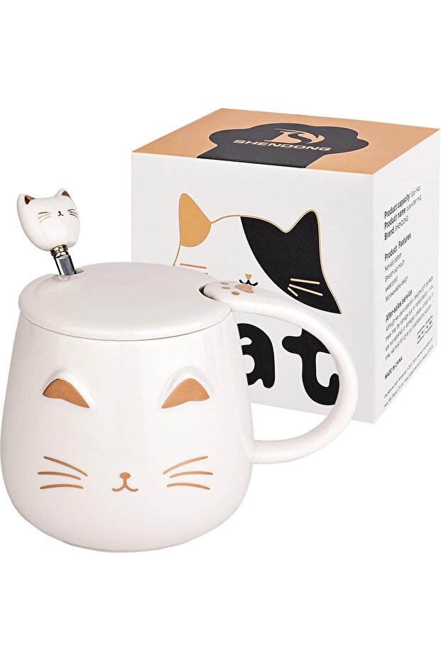 SHENDONG White Cat Mug Cute Ceramic Coffee Mug with Kawaii Lid and Beautiful Stainless Steel Spoon