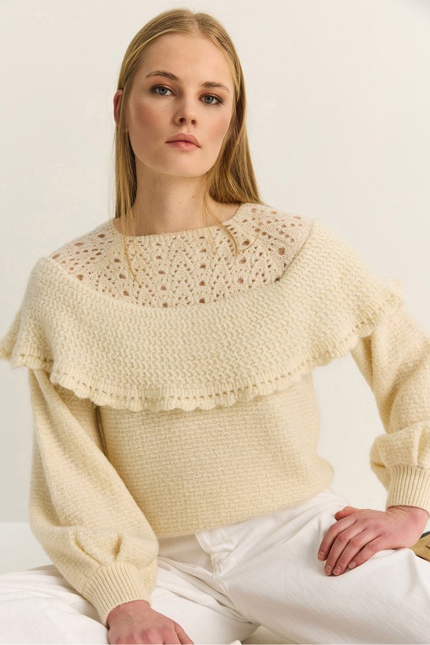 Women's Cream Ruffled Openwork Detailed Balloon Sleeve Ribbed Soft Knitwear Sweater 20251111