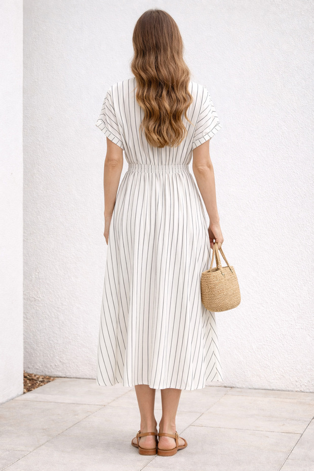 Çift Cep Belden Lastikli Elbise - 4