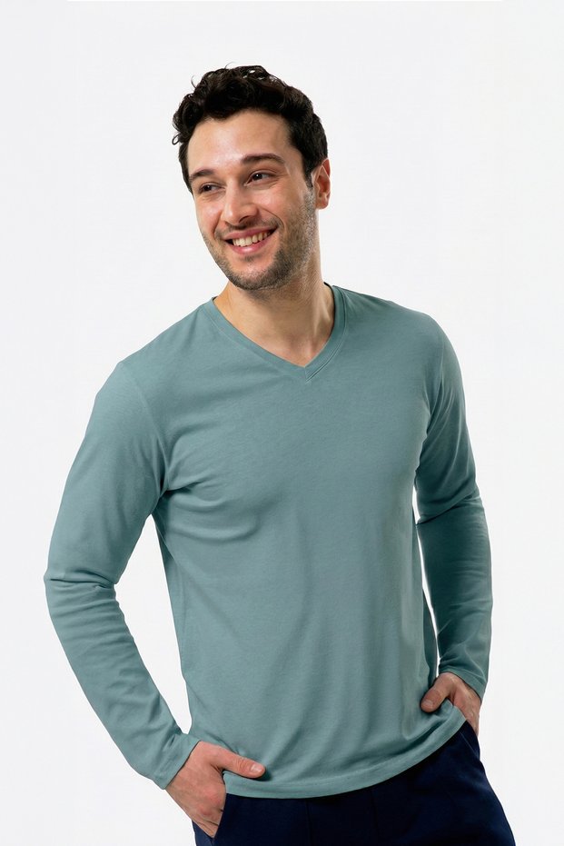 100% Organic Cotton Green V-Neck Men's Long Sleeve T-Shirt