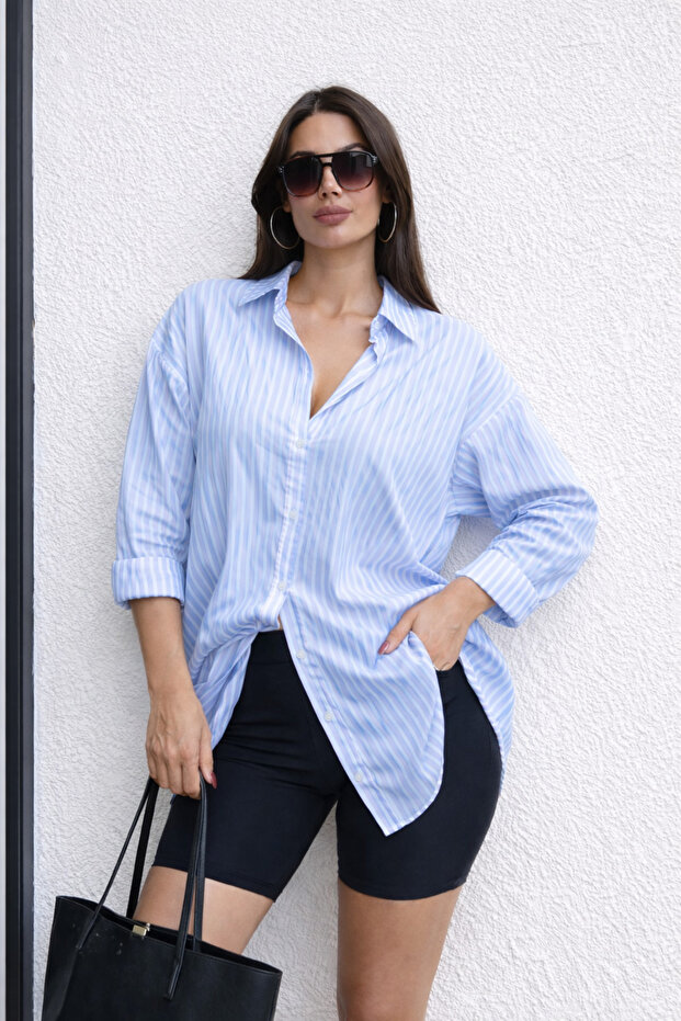 Women's Blue Striped Oversize Long Sleeve Shirt