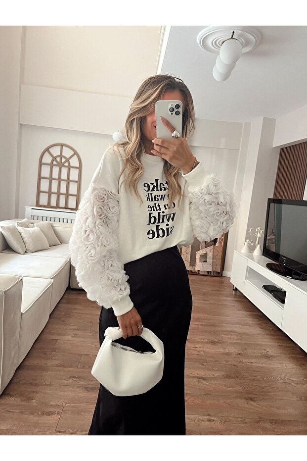 GÜLLÜ ÜÇ BOYUTLU ŞARDONLU SWEAT - 2