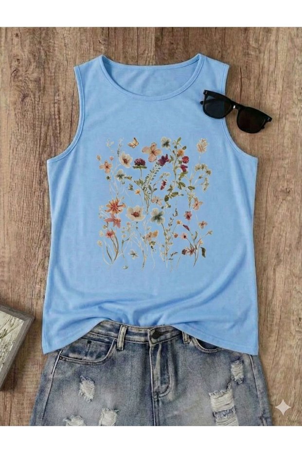 Flowers Patterned Women's Cotton Off-The-Shoulder (Sleeveless) Summer T-Shirt