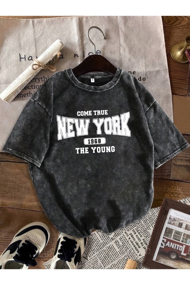 New York 1968 Unisex Oversize T-Shirt Vintage Wash 100% Cotton Round Neck