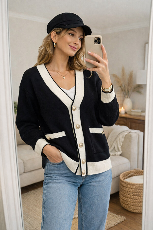 Women's V-Neck Button Detail Cardigan
