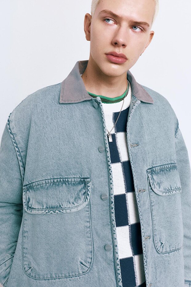 Kontrast yakalı denim ceket - 5