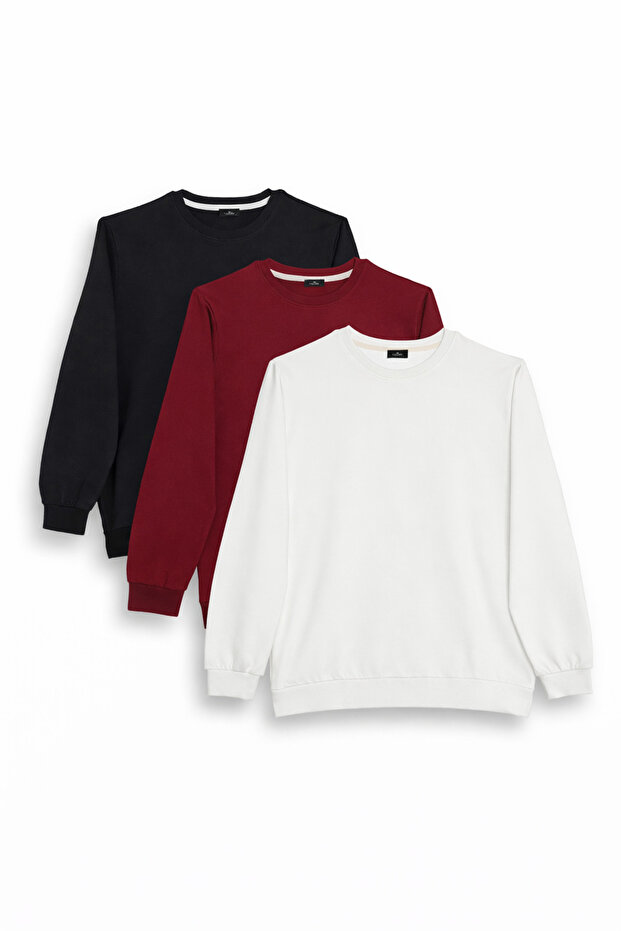 Men's 3-Piece Black-Claret-White Relax Fit Comfortable Cut 100% Cotton 2 Thread Crew Neck Sweatshirt