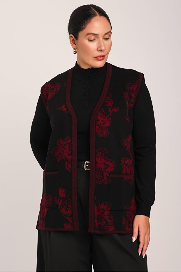 Women's Black Burgundy Floral Patterned Pocketed Buttoned Knitted Mother's Vest