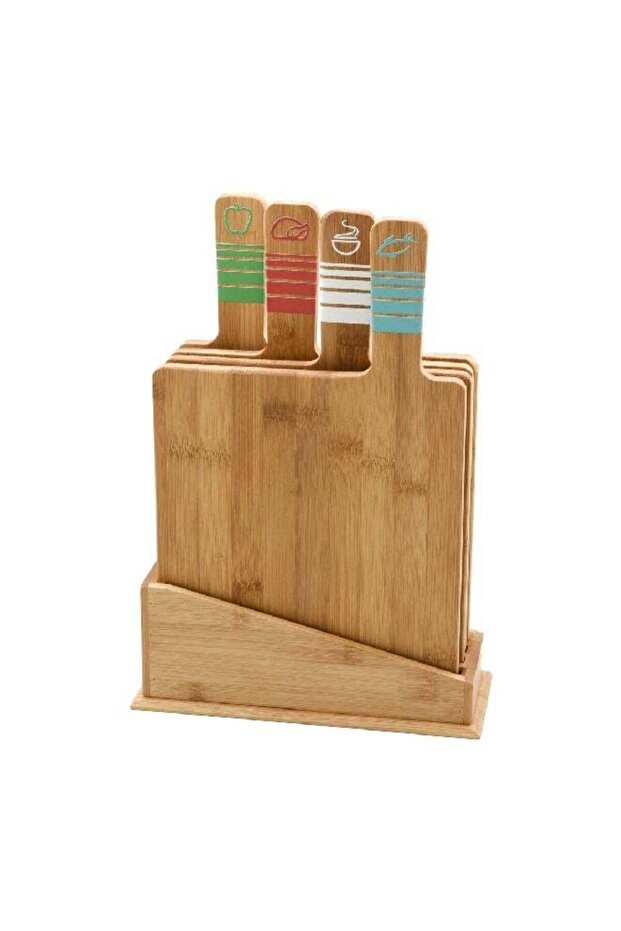 طقم ألواح تقطيع مستطيلة من الخيزران مكون من 4 قطع، مرمزة بالألوان، مع حامل - 1