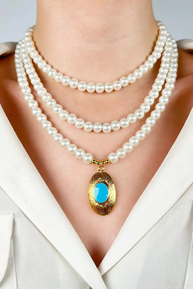Three Rows of Pearl Design Necklace with Gold Plated Ends - Turquoise