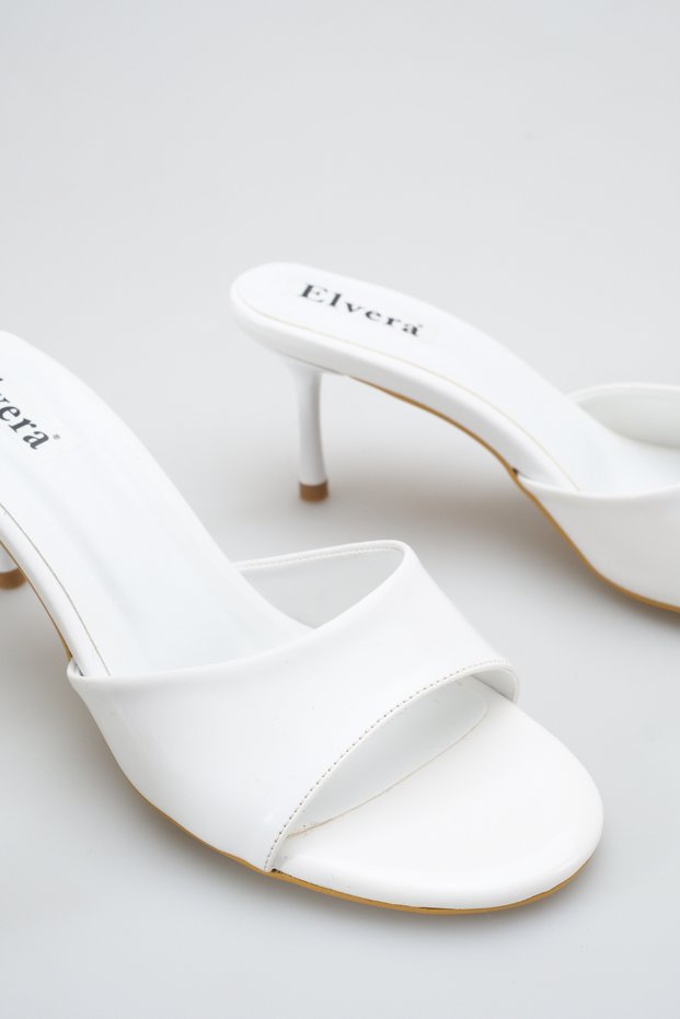 Women's Thin Heeled Slippers White Patent Leather Round Toe - Casual Office and Evening Elegance