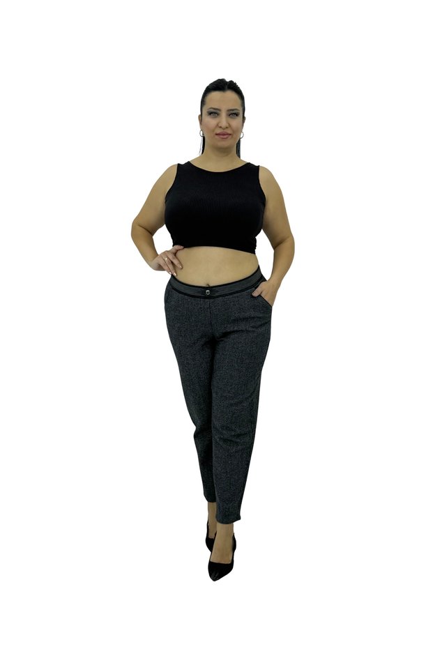 Plus Size Cashmere Elastic High Waist Tapered Leg Zipper Stone Detailed Women's Trousers