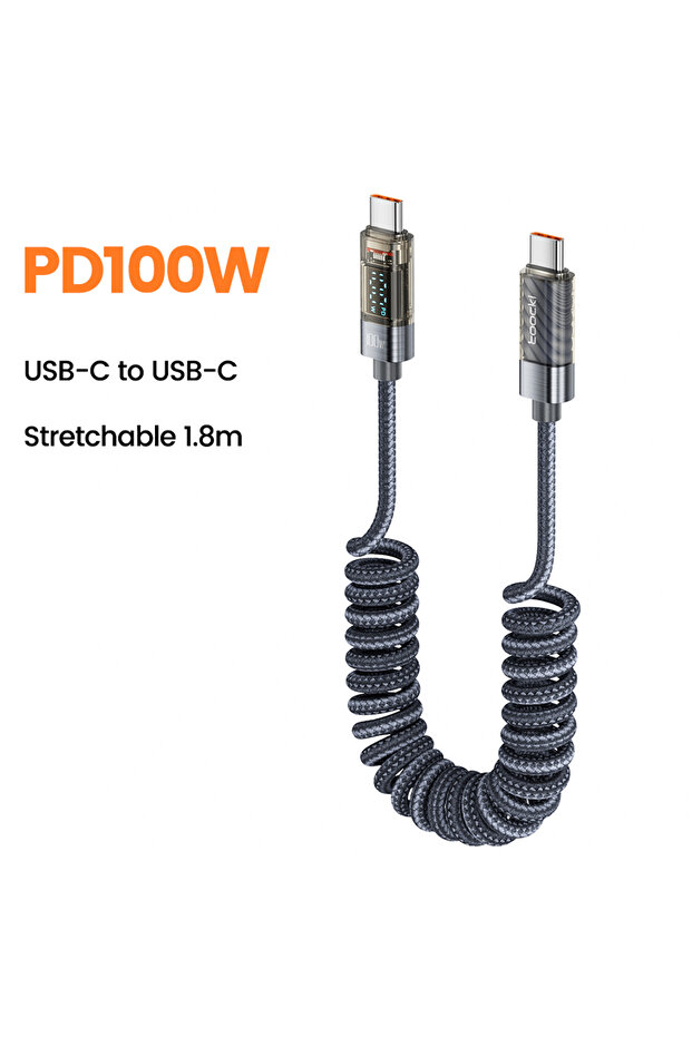 كابل Toki PD100W بطول 1.8 متر، رمادي اللون، من نوع USB-C إلى Type-C، شفاف، مزود بنابض، يدعم الشحن السريع للشاشات الرقمية.