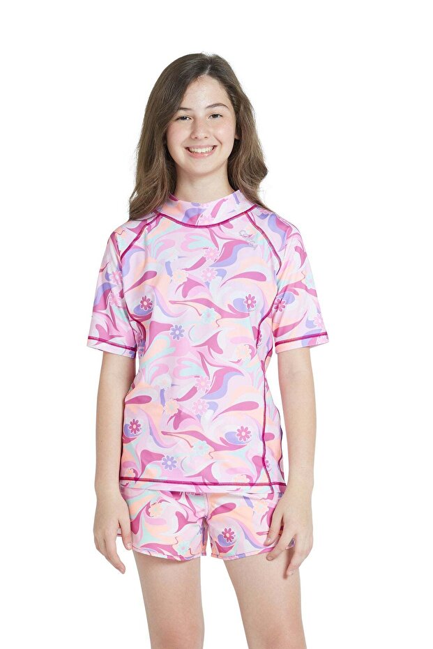 Girls Youth Rashguard Short Sleeve - Purple Groovy Splashes